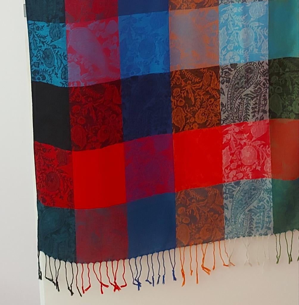 brede sjaal met gekleurde blokken en franje 175x70cm, Kleding | Dames, Mutsen, Sjaals en Handschoenen, Zo goed als nieuw, Sjaal