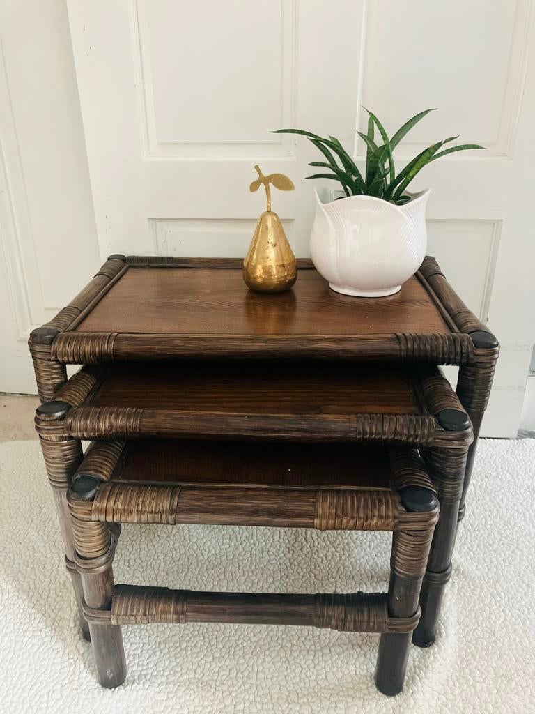 Vintage Rotan Bijzettafels Set van 3 - mimiset - Manou, Gebruikt, 55 tot 75 cm, Rechthoekig, Hout