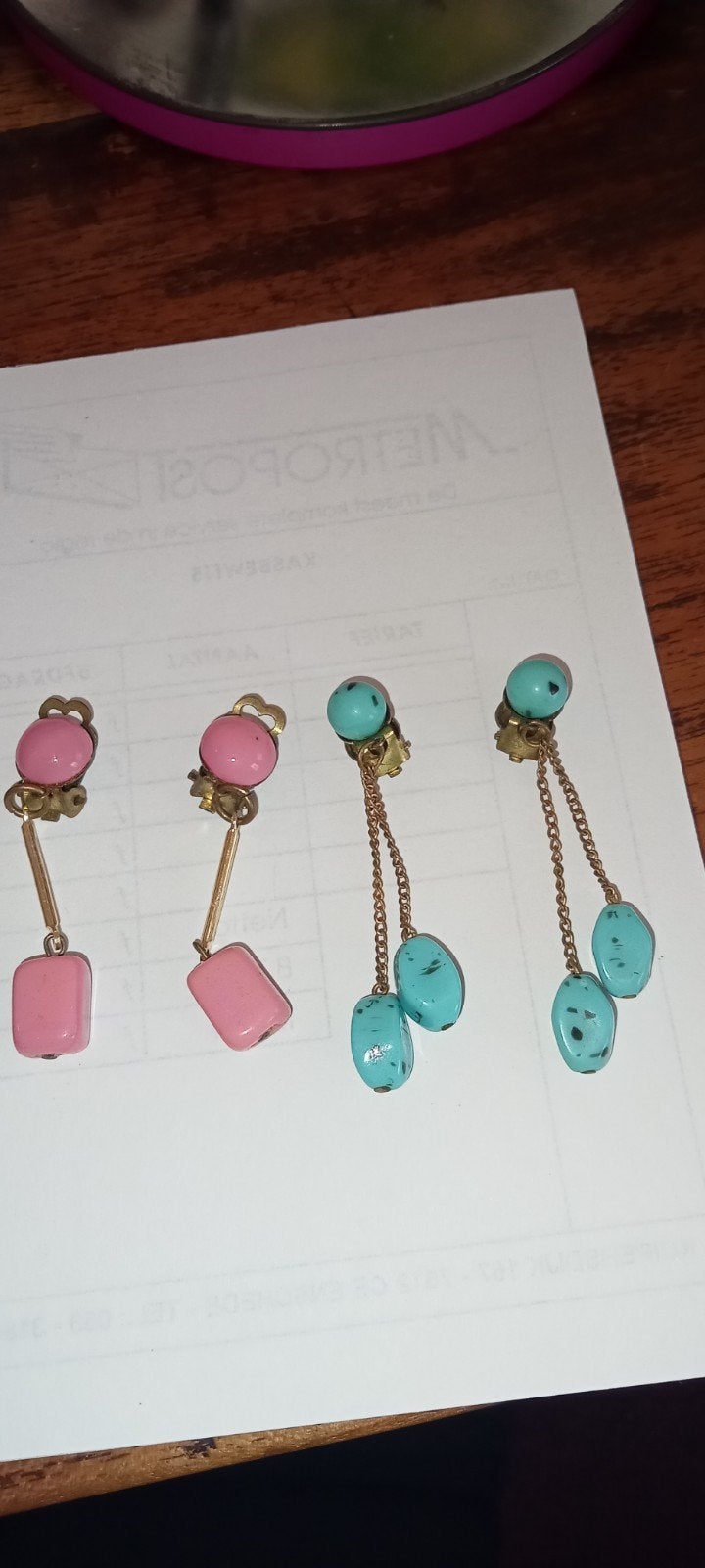 Vintage oorbellen: roze en turquoise hangers, Overige materialen, Ophalen of Verzenden, Roze, Hangers