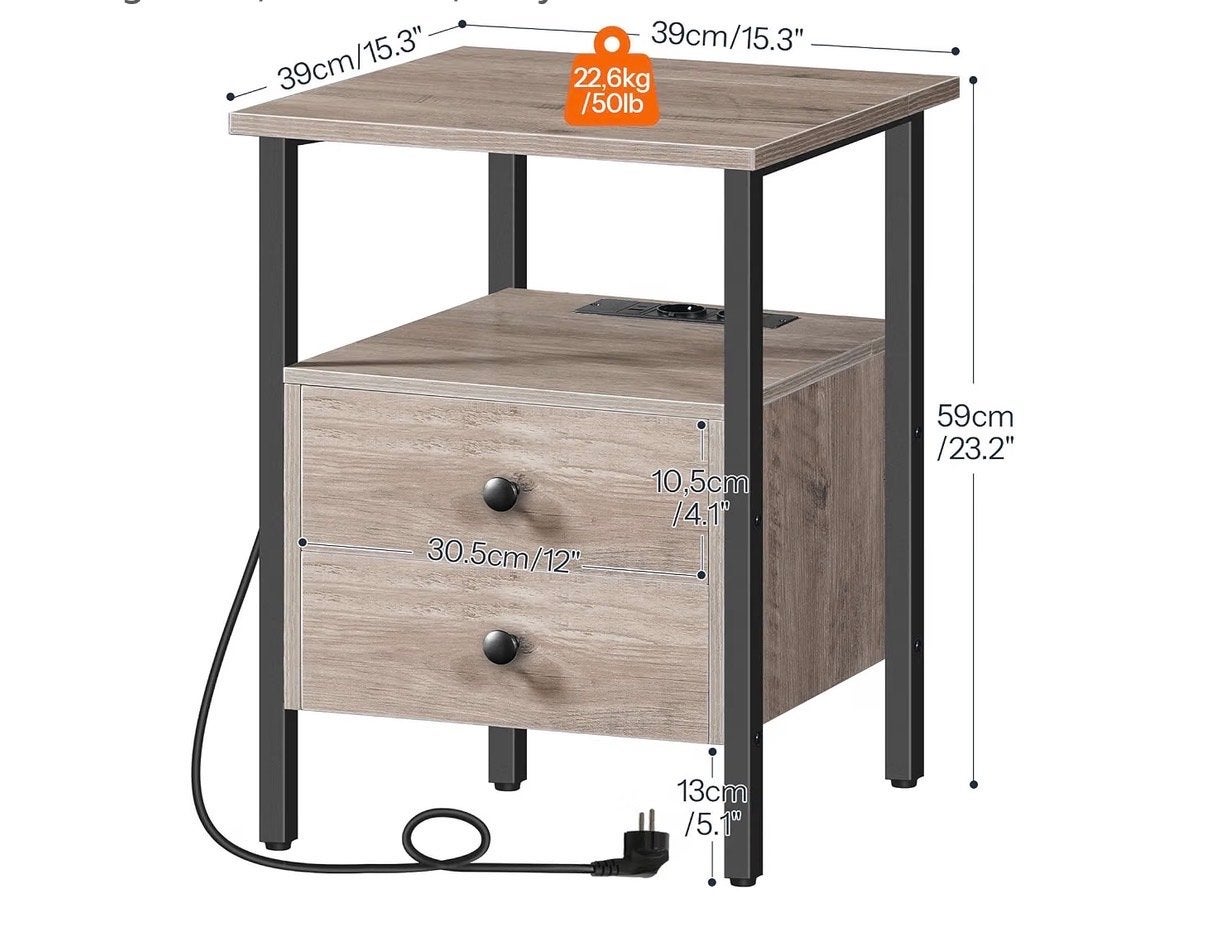 Set van 2 industriële nachtkastjes – 3 lades + oplaadstation