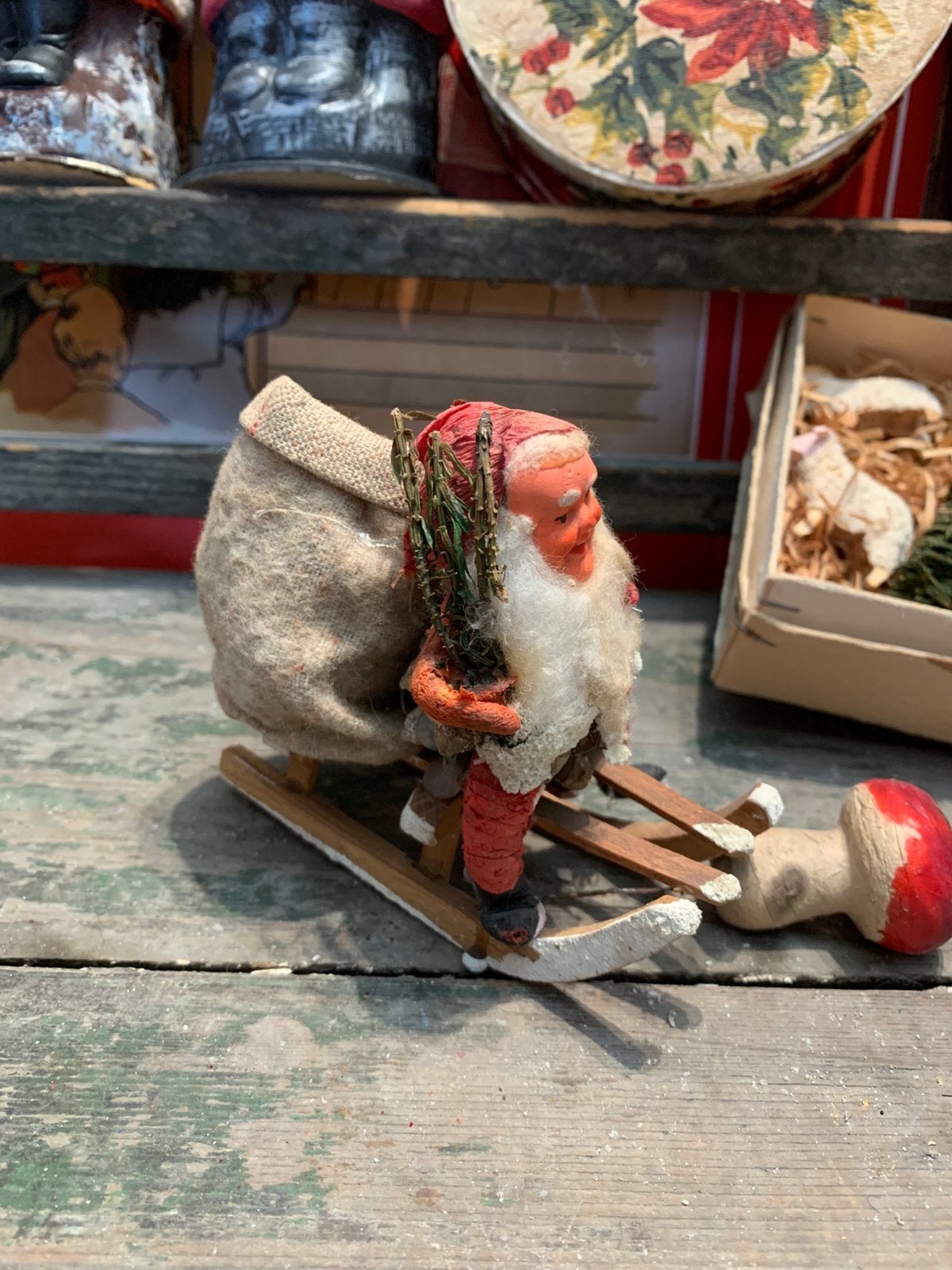 #kerst antieke kerstman op arreslede pinecone santa, Gebruikt, T, Ophalen of Verzenden, N