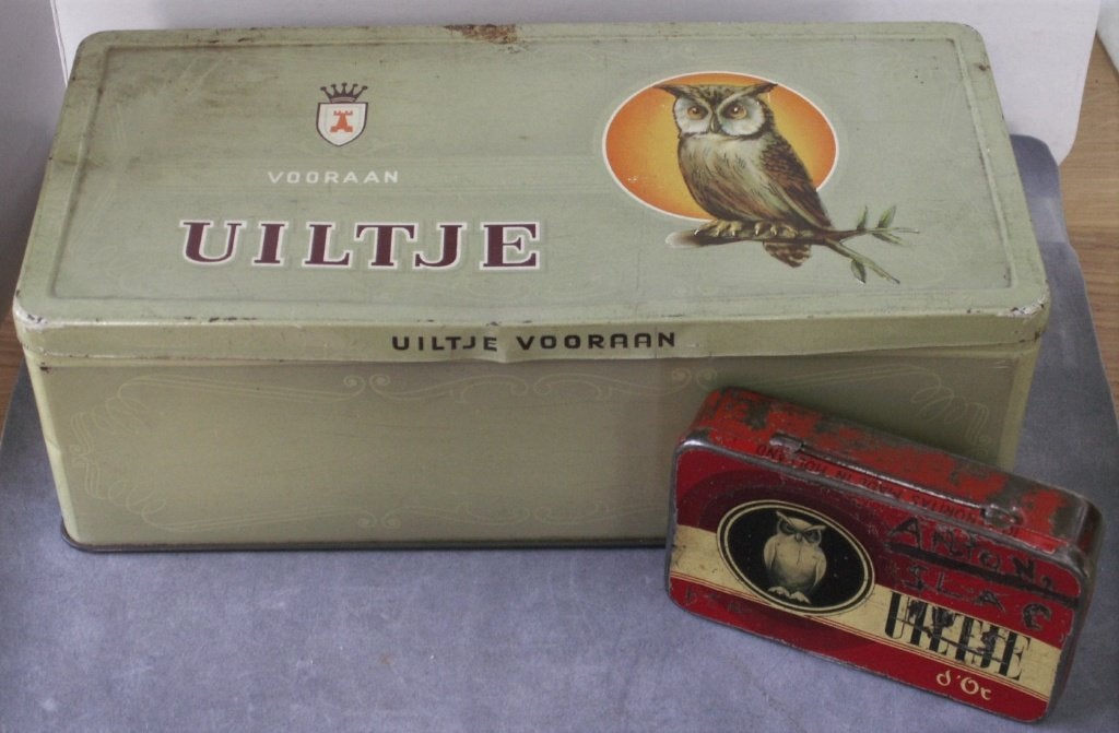 2 Vintage blikken Uiltje sigarenblik uil, Verzamelen, Ophalen of Verzenden, Gebruikt, Overige