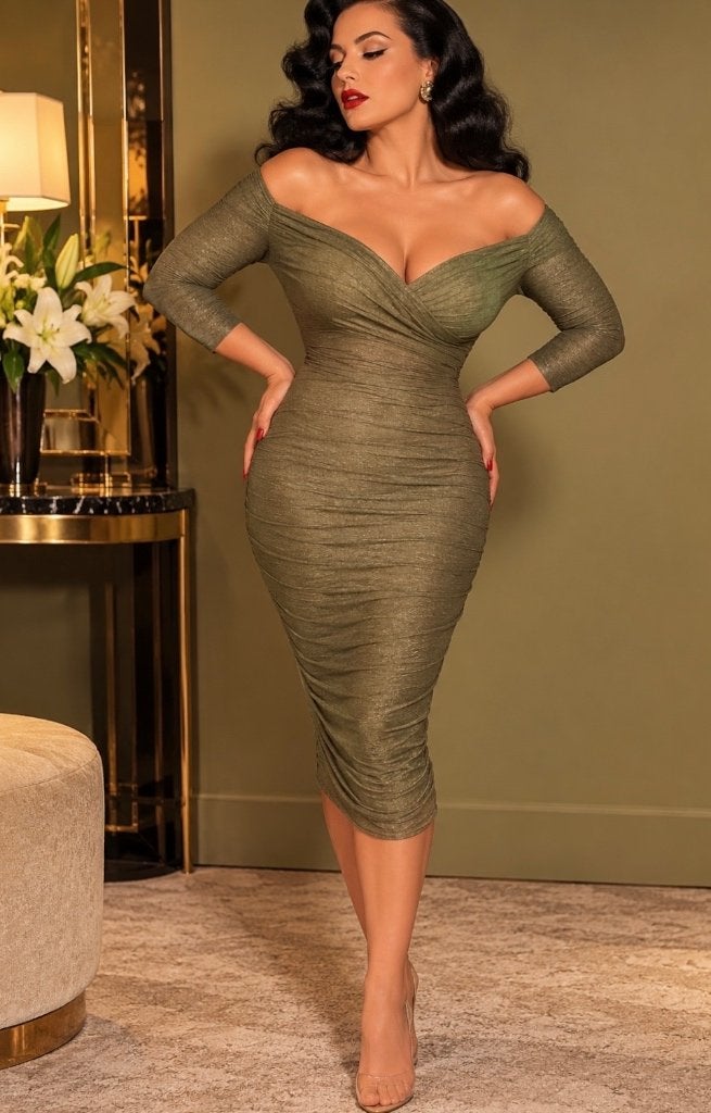 Pinup Couture Monica Byrnes Gold wiggle dress L Topvintage, Verzenden, Maat 42/44 (L), Pinup Couture, Zo goed als nieuw