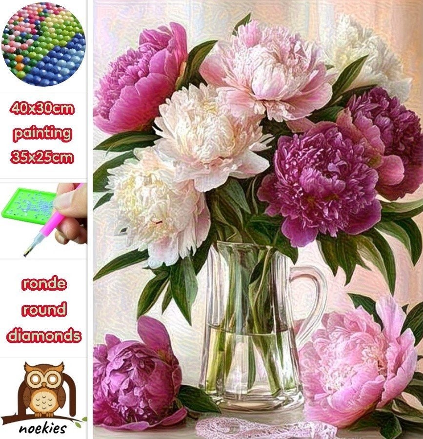 nr 281 Diamond Painting vaas bloemen roze 40x30cm (rond), Roze, Verzenden, Nieuw, Natuur en Bloemen