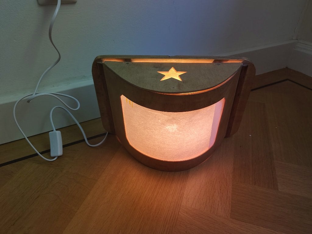 Houten kaartlamp / plaatlamp, Bruin, E14 (klein), Ophalen of Verzenden, Wandlamp