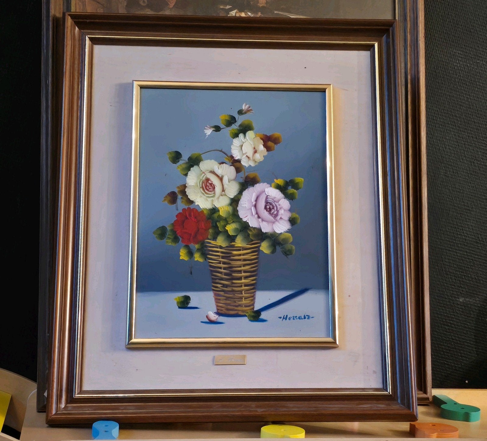 Schilderij A. Herraiz - Bloemen in mand, Doek, Stilleven, Ophalen of Verzenden, Klassiek