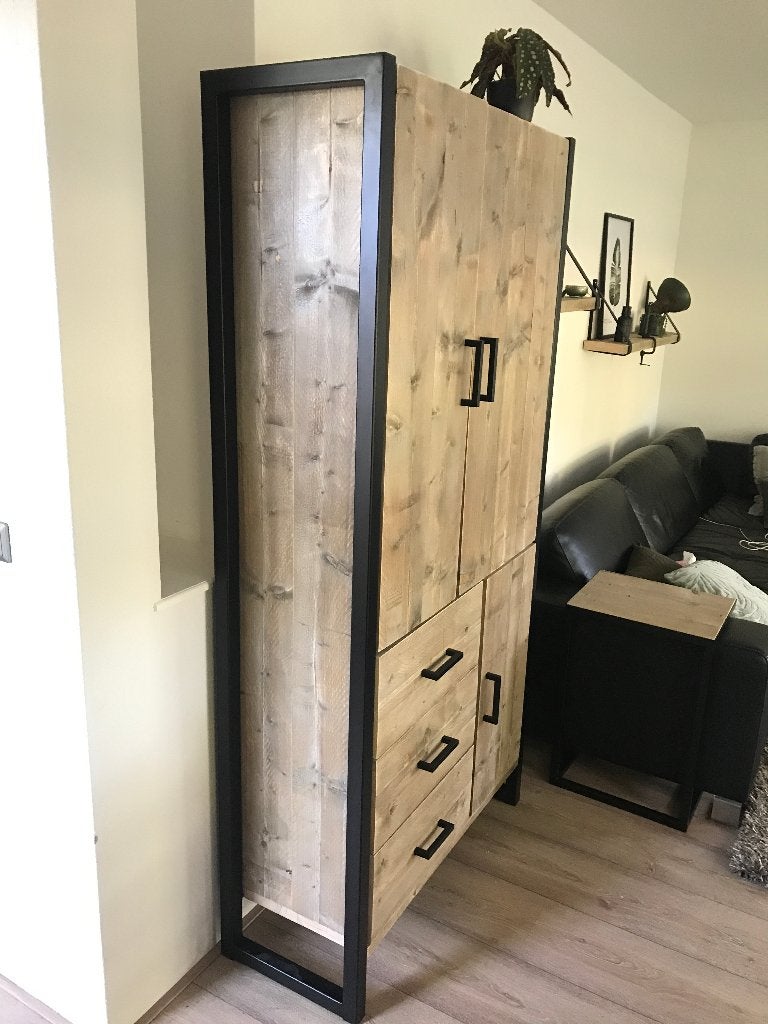 Opbergkast steigerhout, gratis geleverd, Landelijk, industrieel, Eikenhout, 150 tot 200 cm, 25 tot 50 cm
