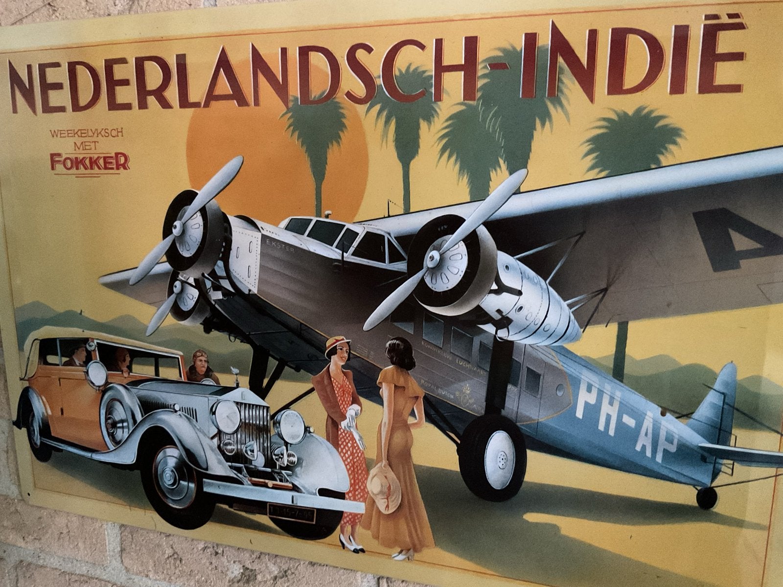 Vintage reclamebord Nederlandsch-Indië Fokker vliegtuig., Ophalen of Verzenden, Gebruikt, Overige typen