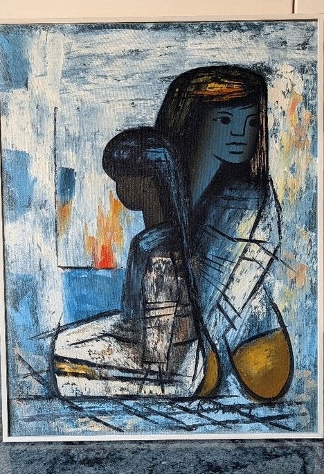 schilderij moeder met kind, Antiek en Kunst, Ophalen, Abstract, Textiel, Ingelijst
