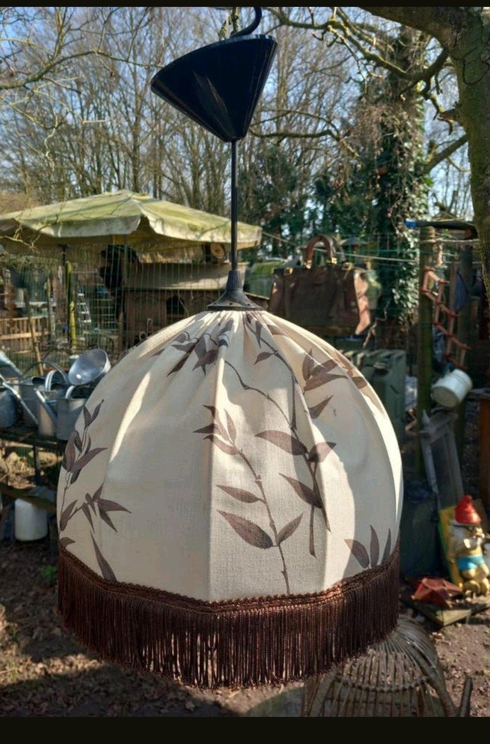 Vintage hanglamp met bamboe print en franjes seventies, Ophalen of Verzenden