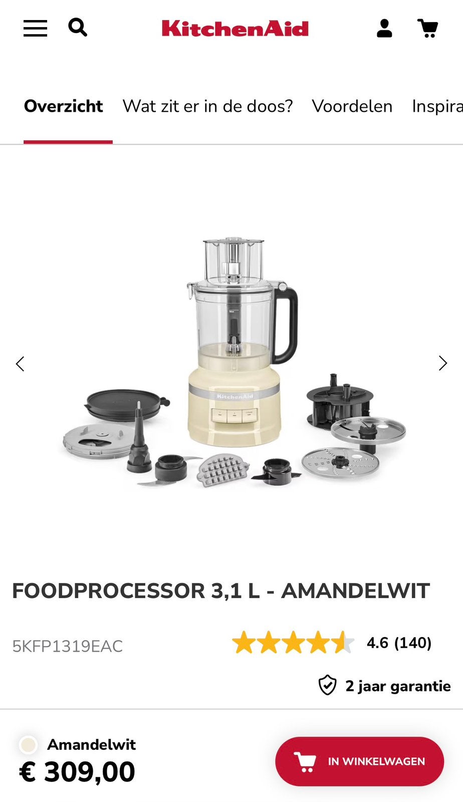 KitchenAid 5KFP1319EAC Foodprocessor 3,1L –NIEUW & ongeopend, Verzenden, Nieuw, Vaatwasserbestendig, 3 snelheden of meer