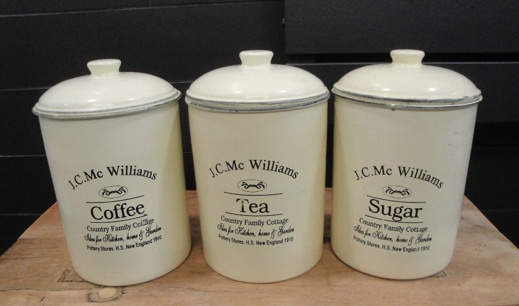 3 OUDE BROCANTE "J.C. Mc. WILLIAMS" VOORRAADBUSSEN, Beige, Gebruikt, Ophalen of Verzenden, Voorraadpot
