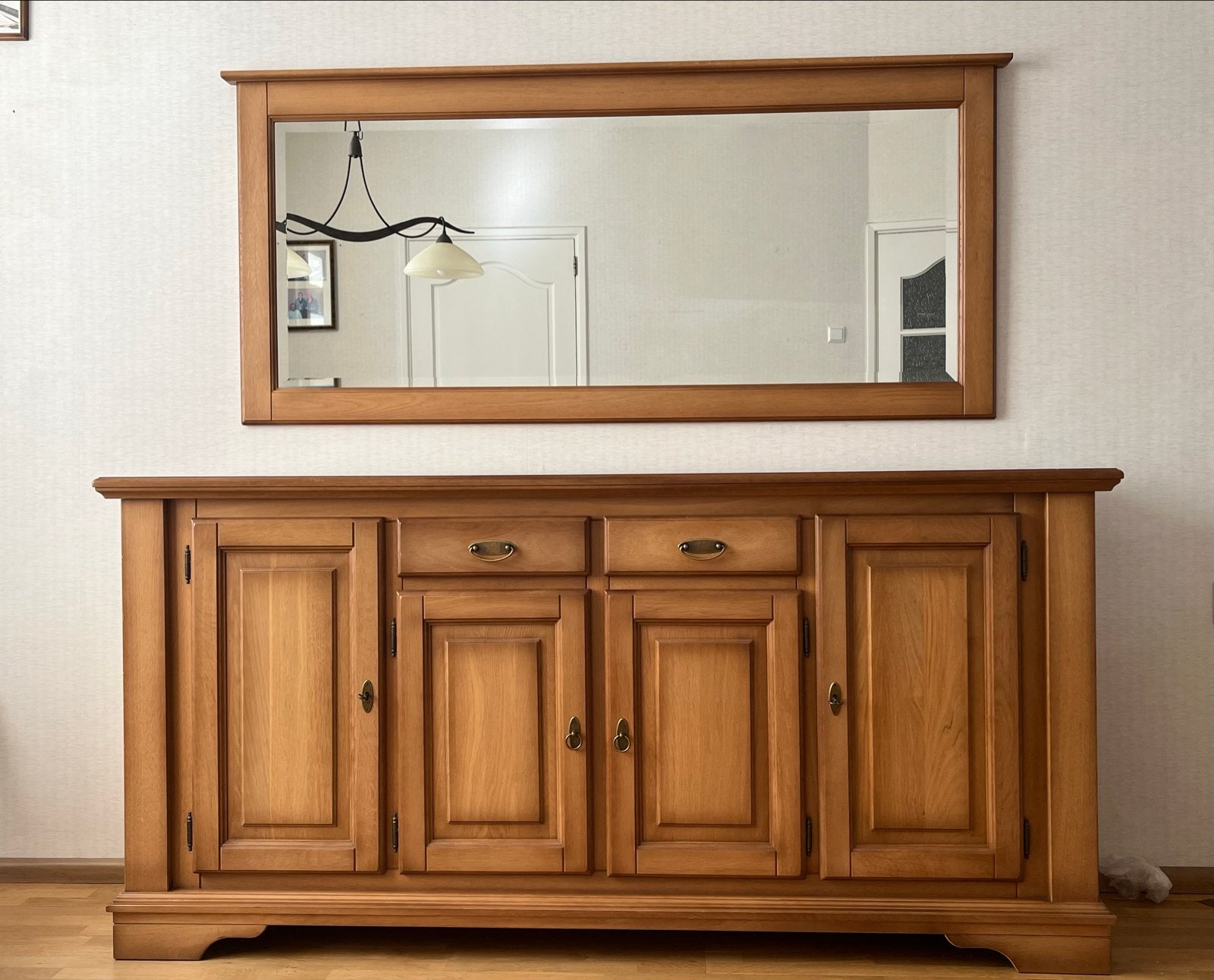 Massief licht eiken dressoir met spiegel, Ophalen, Gebruikt, 150 tot 200 cm, Eikenhout