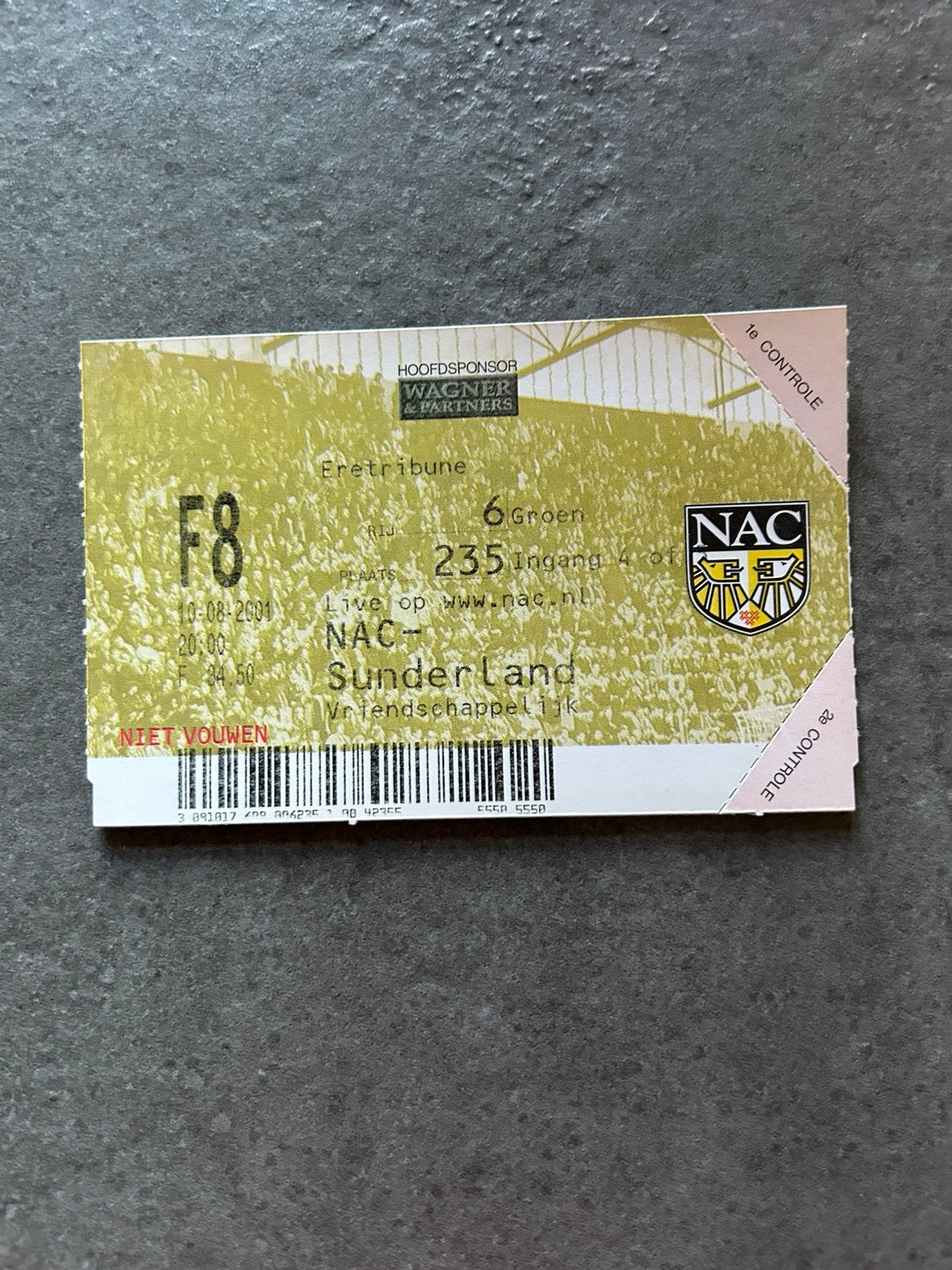 NAC - Sunderland ticket, Verzamelen, Sportartikelen en Voetbal, Ophalen of Verzenden, NAC Breda, Overige typen
