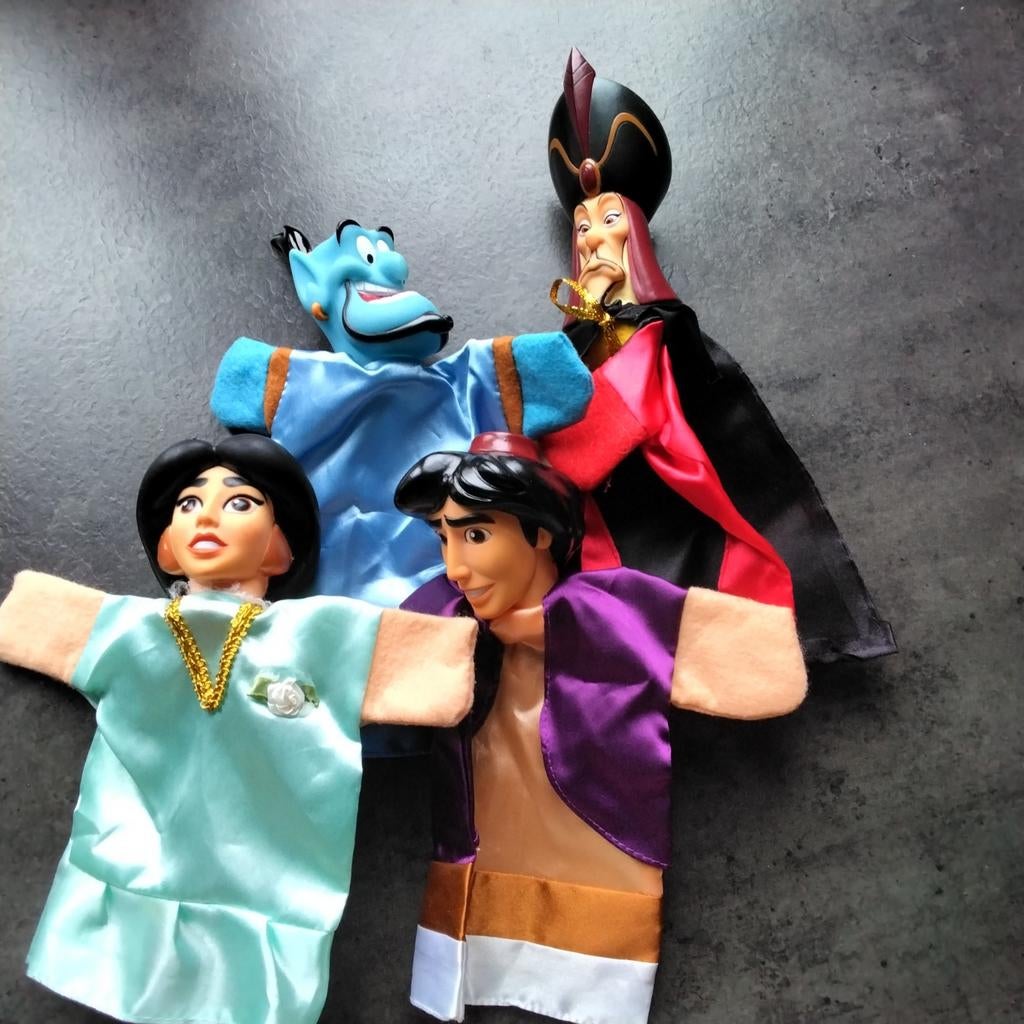 Aladdin Handpoppen Set: Aladdin, Jasmine, Geest en Jafar, Kinderen en Baby's, Speelgoed | Poppen, Ophalen of Verzenden, Gebruikt