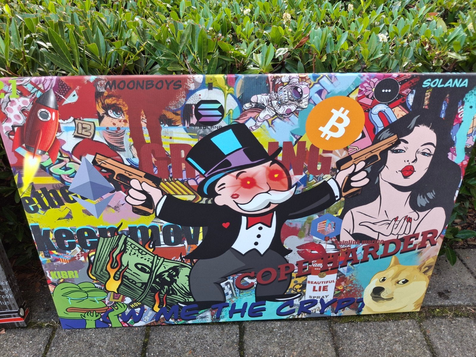 Kleurrijk Graffiti Pop-Art Schilderij: Crypto Monopoly Man, Ophalen