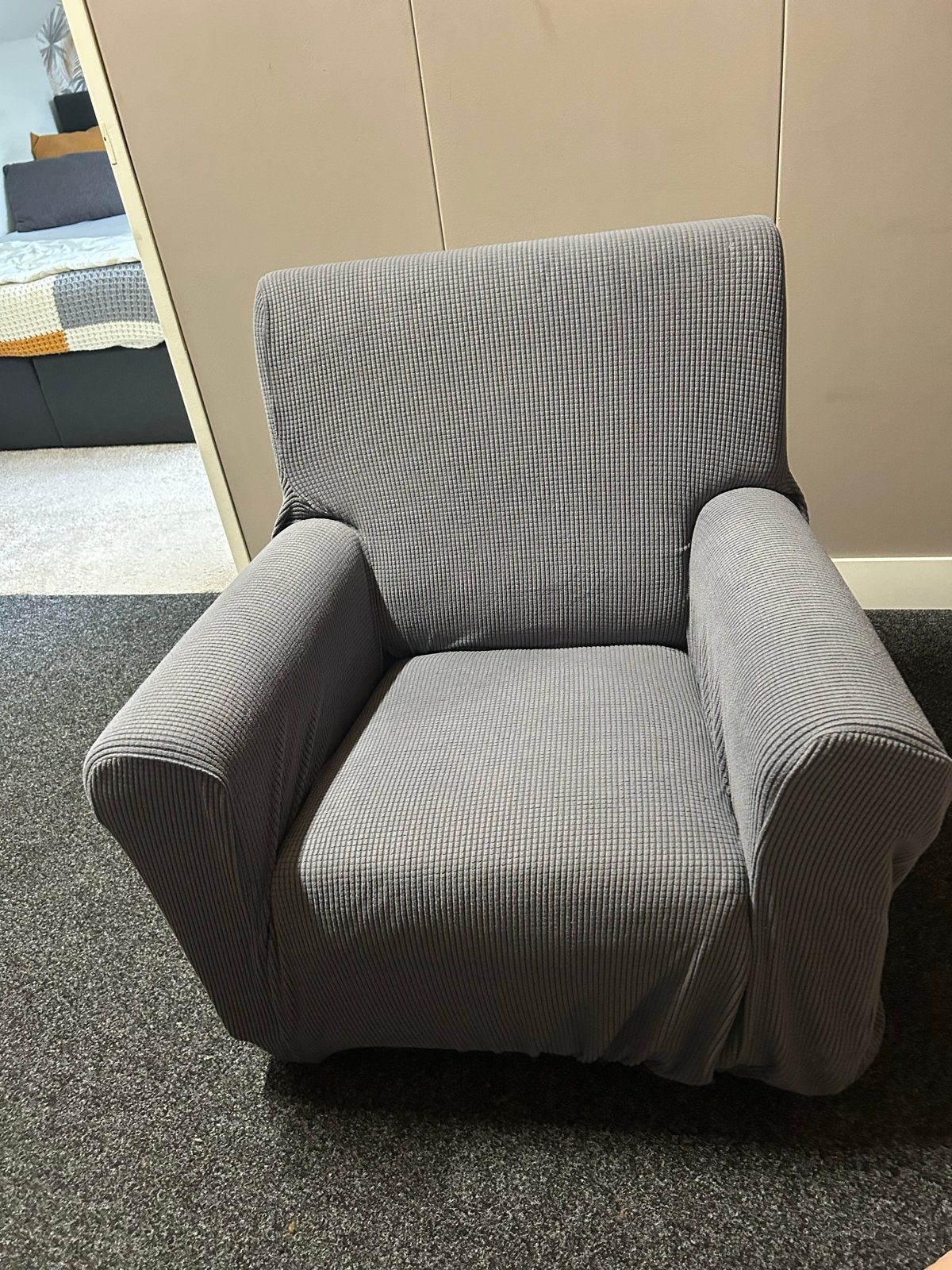 Grijze fauteuil met hoes, Ophalen, Gebruikt, 75 tot 100 cm, 75 tot 100 cm