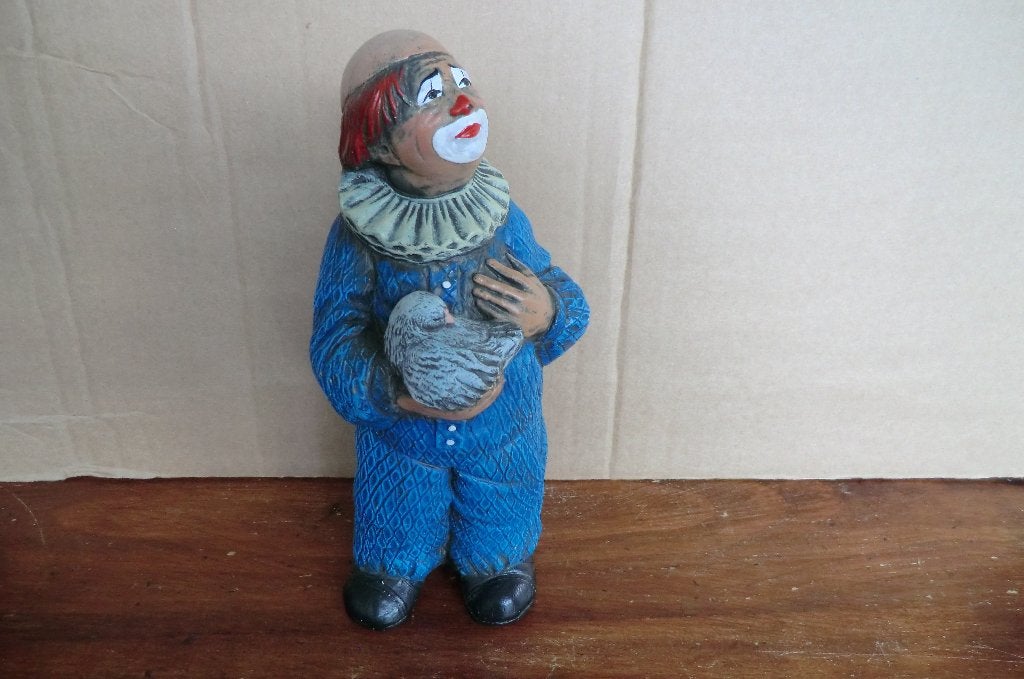 zware stenen clown in blauw clownspak, Ophalen of Verzenden