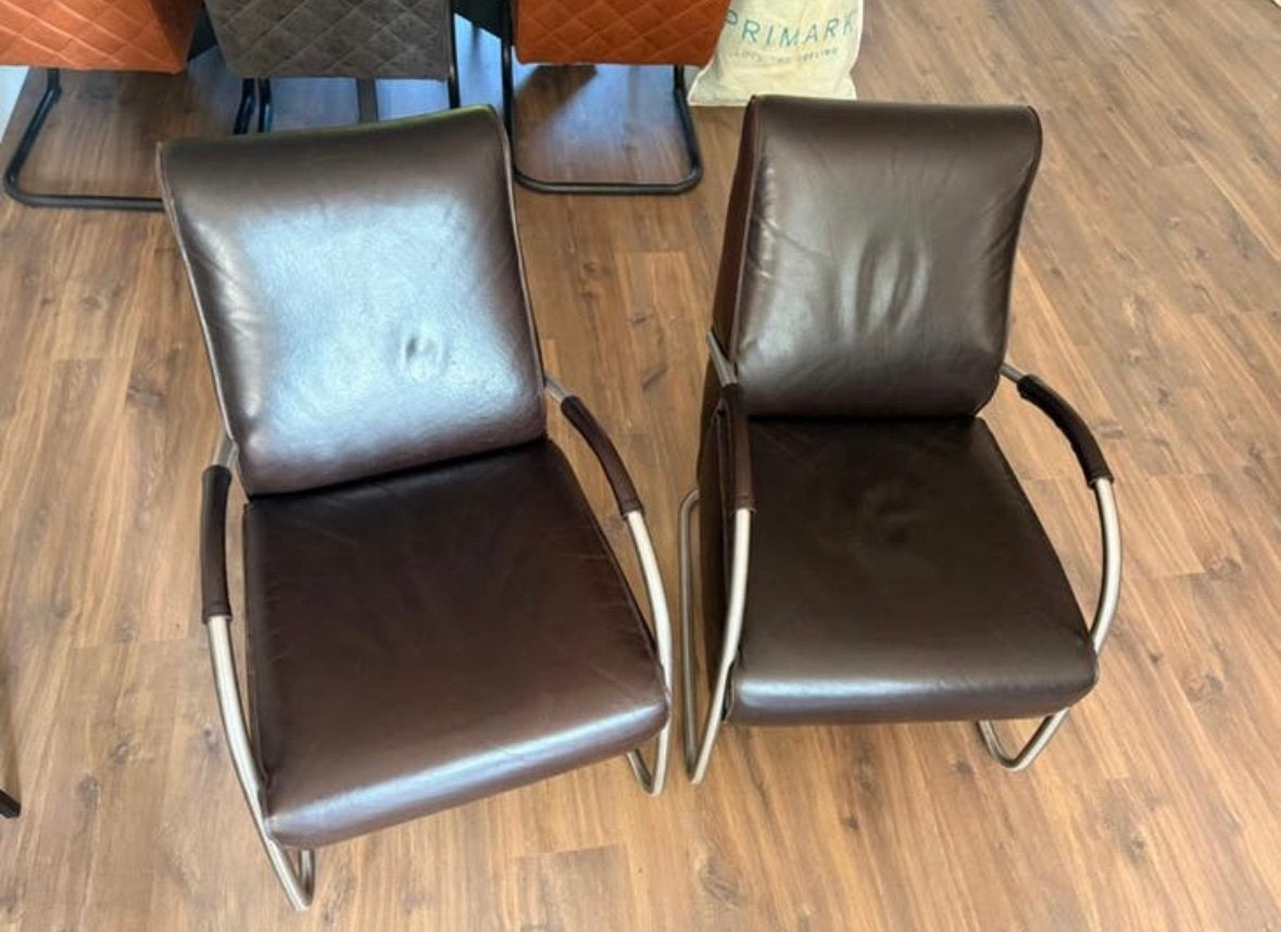 Mooie donkerbruine echt leren stoelen - €75 per stuk, Ophalen, Bruin, Leer, Zo goed als nieuw