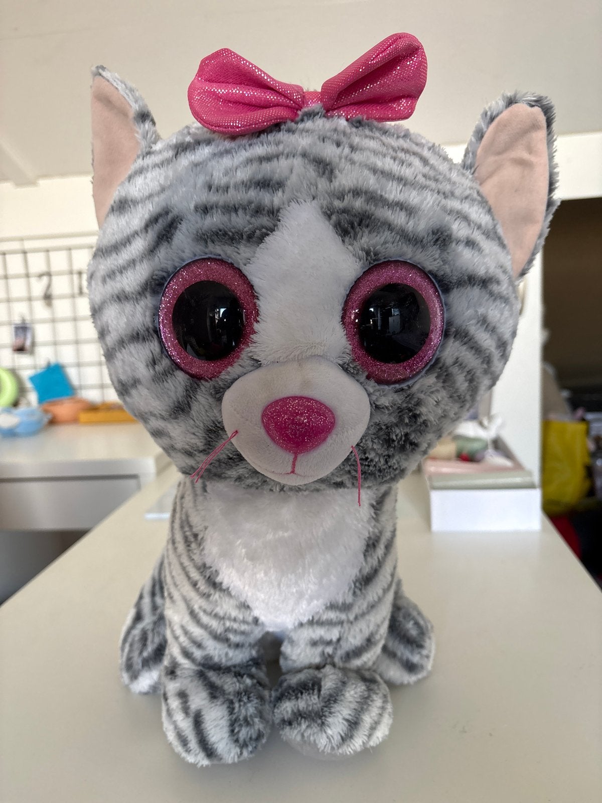 Ty Beanie Boo kat met roze strik en glitterogen, Ophalen, Grijs, Zo goed als nieuw, Ty