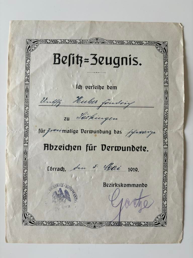 WW1 Diploma voor een verwondingsmedaille, Verzamelen, Ophalen of Verzenden, Landmacht, Duitsland