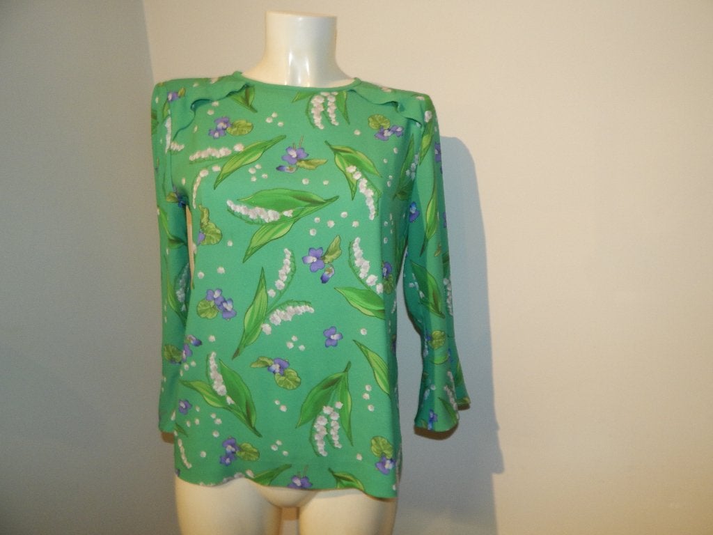 Marccain appeltjes groene top in print uitlopend mouwtje n3, Kleding | Dames, Maat 38/40 (M), Verzenden, Zo goed als nieuw, Lange mouw