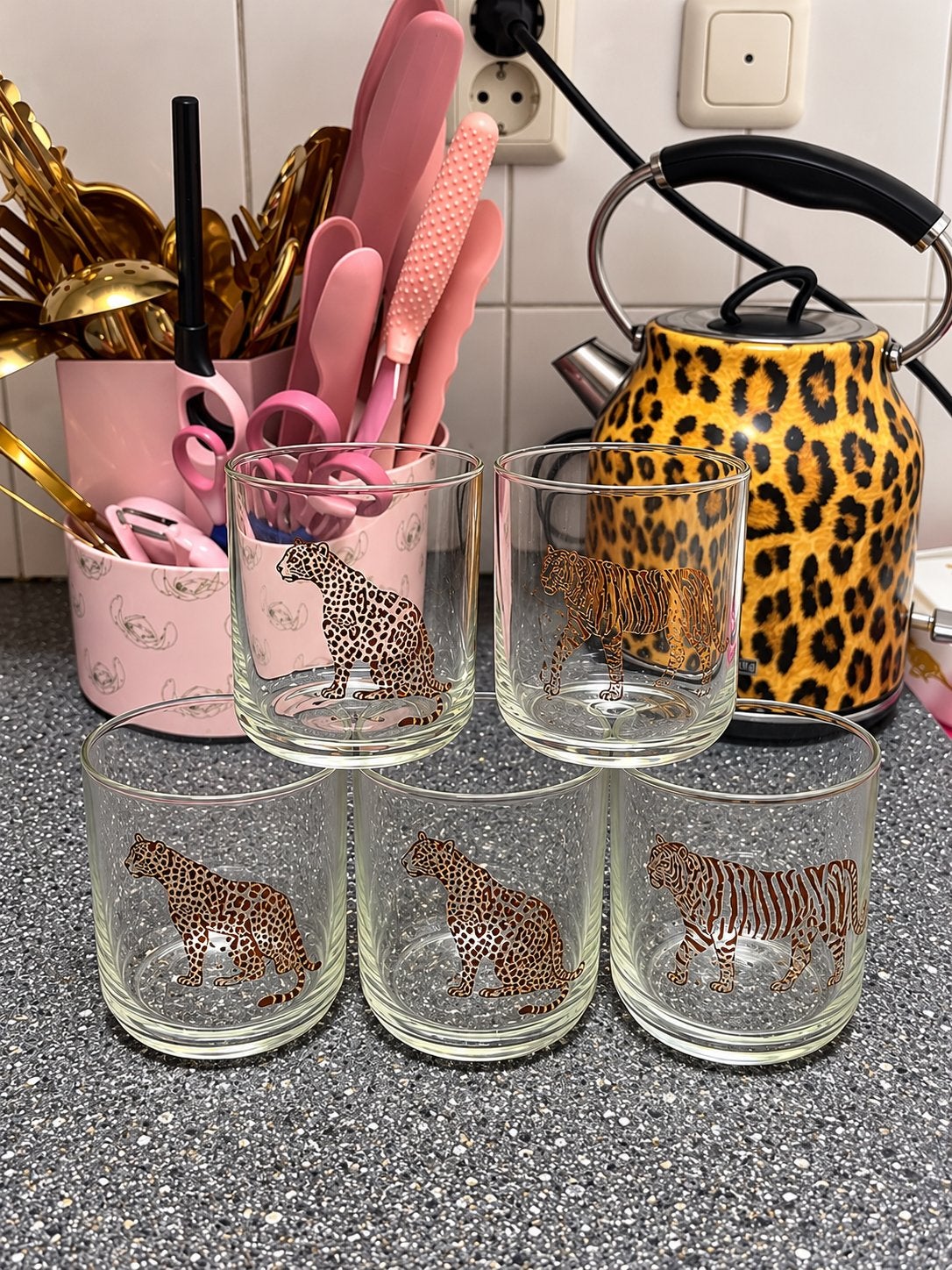 Waterglazen luipaard en tijgers, Glas of Glazen, Gebruikt, Overige merken, Ophalen of Verzenden