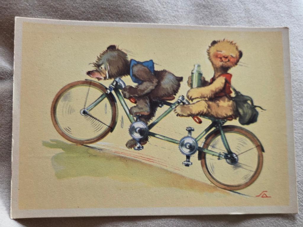 Twee beertjes fietsen op tandem - Alois Salač, Verzenden, 1940 tot 1960, Ongelopen, Kinderen