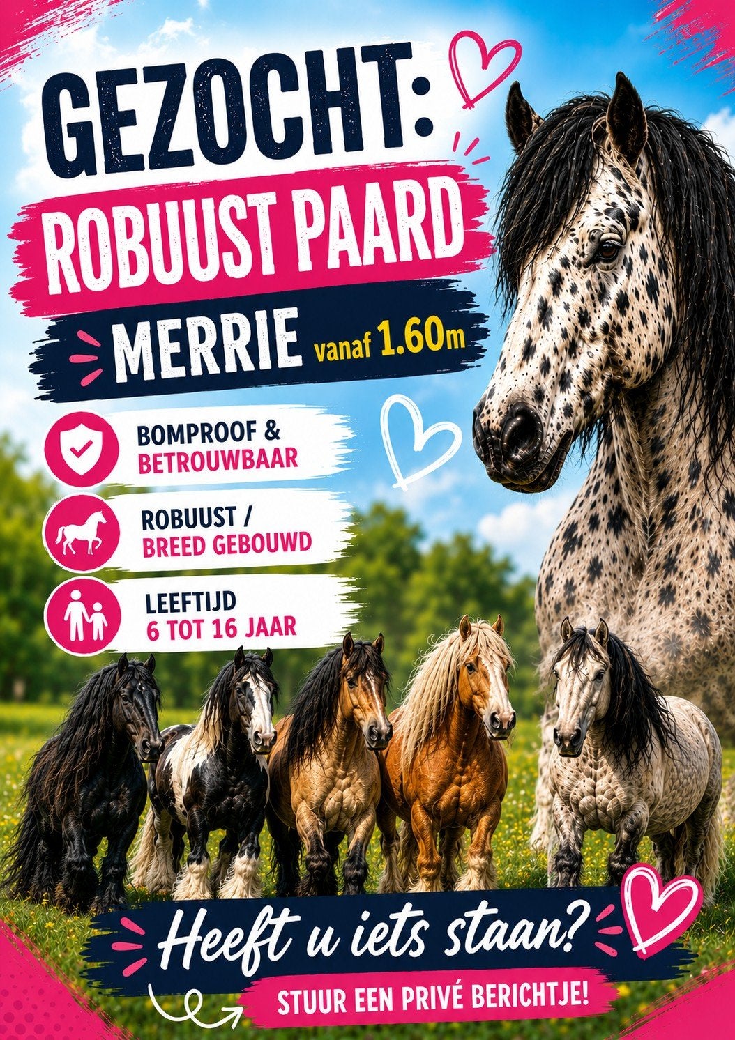 GEZOCHT:  Robuust paard, merrie, Dieren en Toebehoren, Merrie, Met stamboom, 7 tot 10 jaar, 160 tot 165 cm