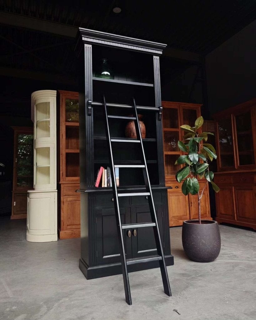 Zwarte boekenkast met ladder | smalle Private library #2978, Metaal, Gebruikt, Met deur(en), -