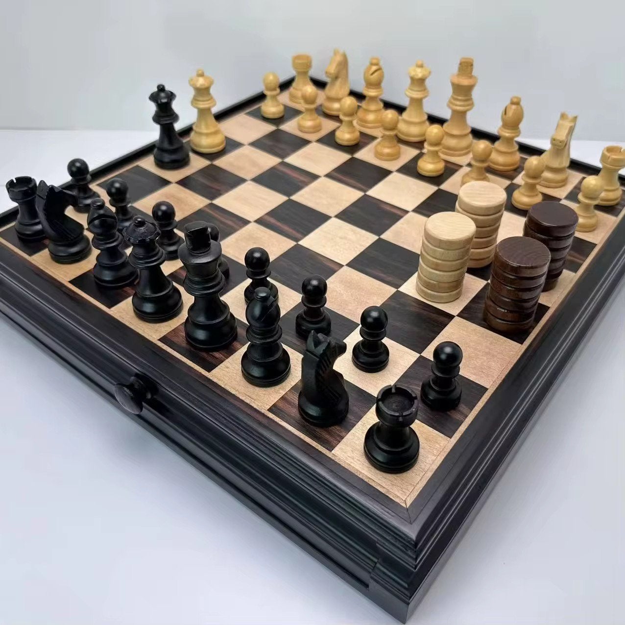 Ravendi Schaak- en Damset Luxe Ebbenhouten Schaakbord, Hobby en Vrije tijd, Gezelschapsspellen | Bordspellen, Een of twee spelers