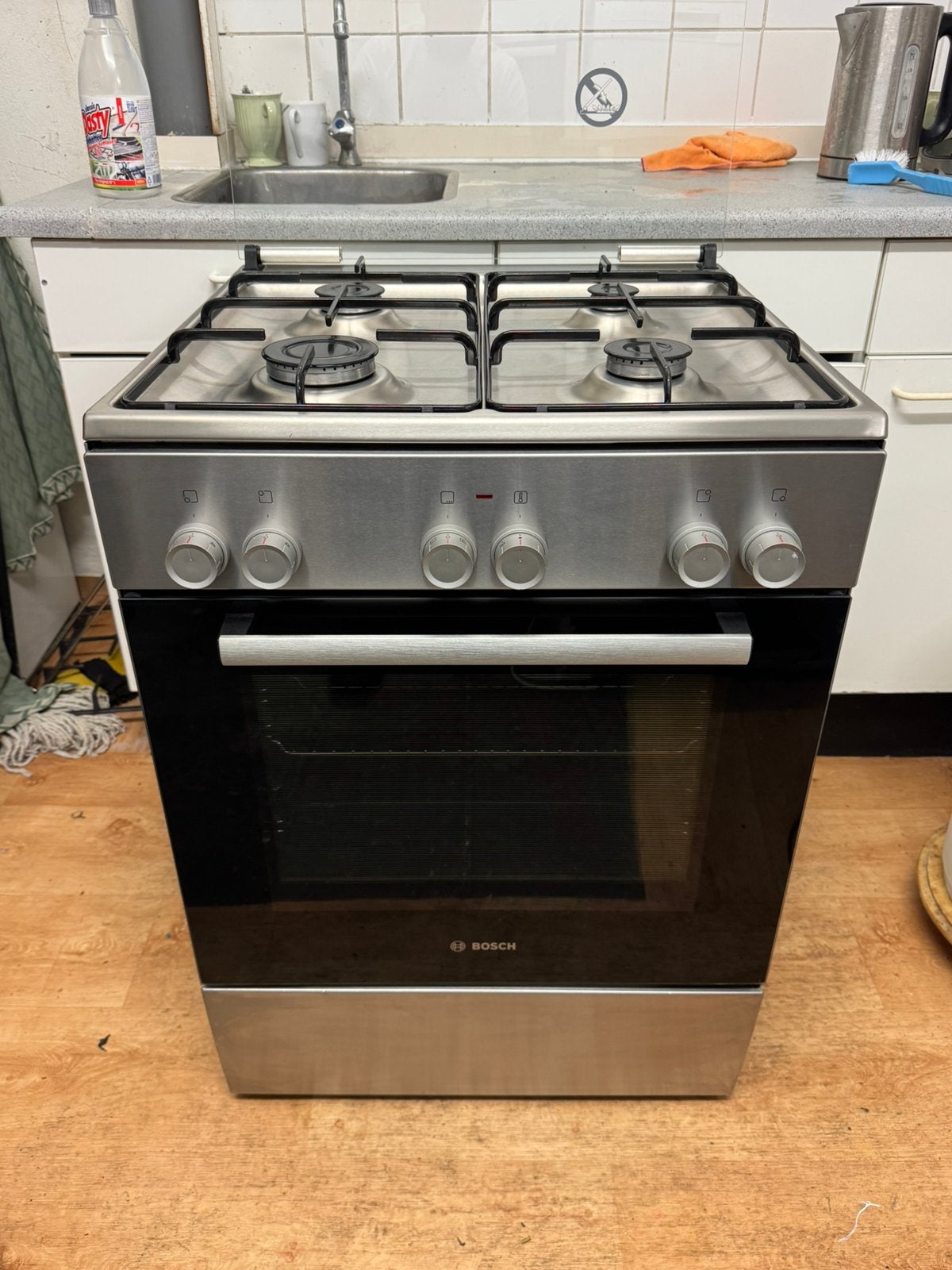 Bosch RVS Gasfornuis | Met Hete Lucht | Schoon | Werkt Goed, Ophalen, Gebruikt, Minder dan 85 cm, 4 kookzones