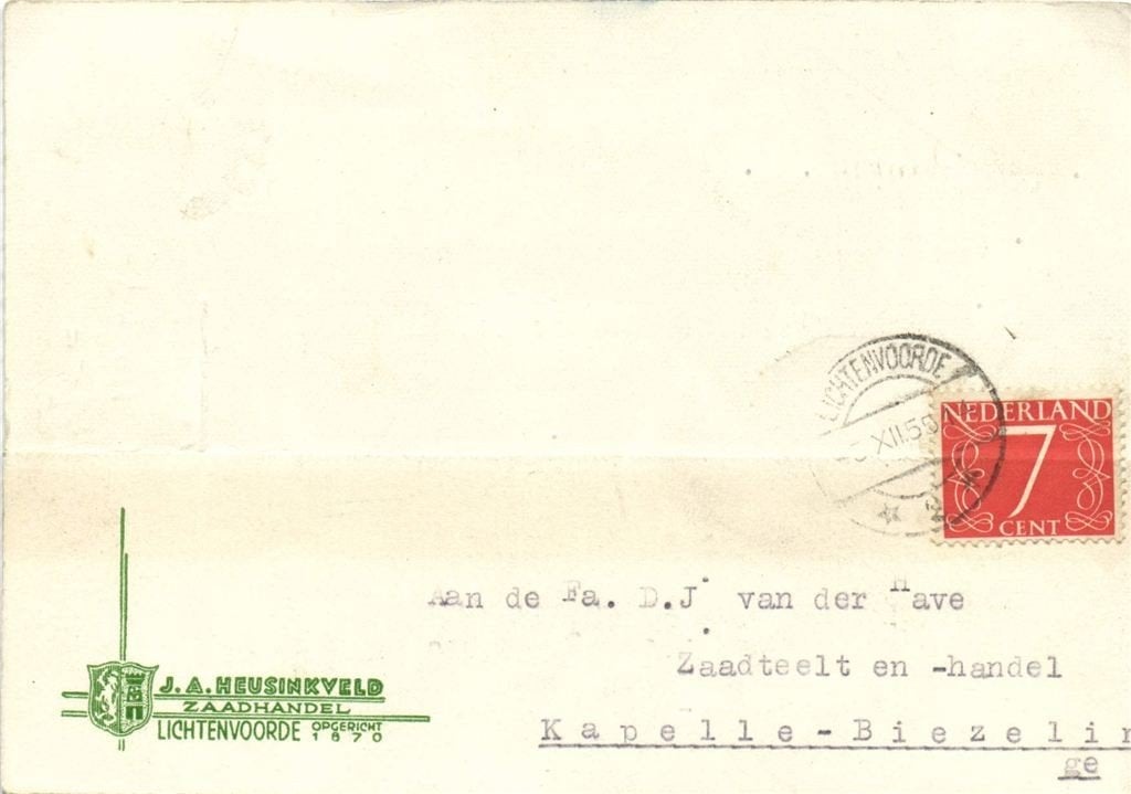 J.A. Heusinkveld, Zaadhandel, Lichtenvoorde - 12.1955 - brie, Ophalen of Verzenden, Briefkaart