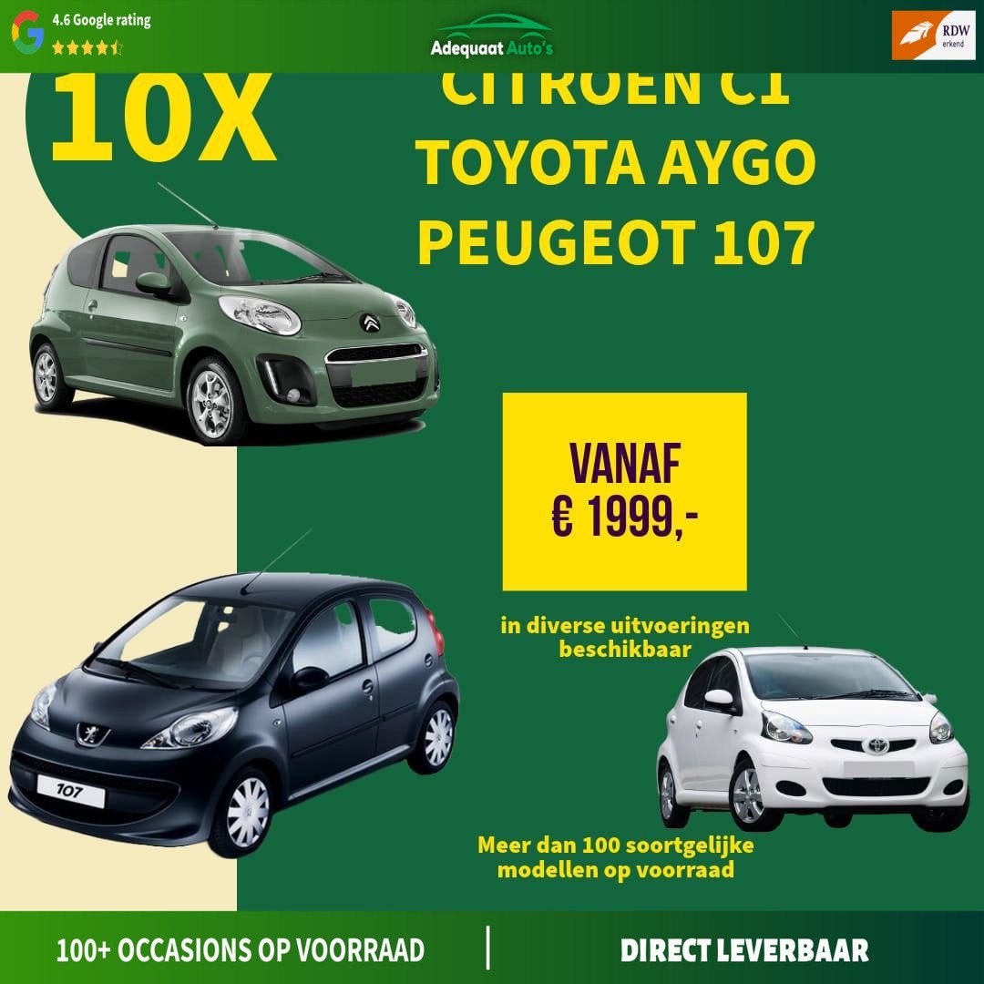 Toyota Aygo 1.0-12V 10x Toyota aygo|Citroen C1|Peugeot 107, Voorwielaandrijving, Gebruikt, Huisgarantie, Met garantie (alle)