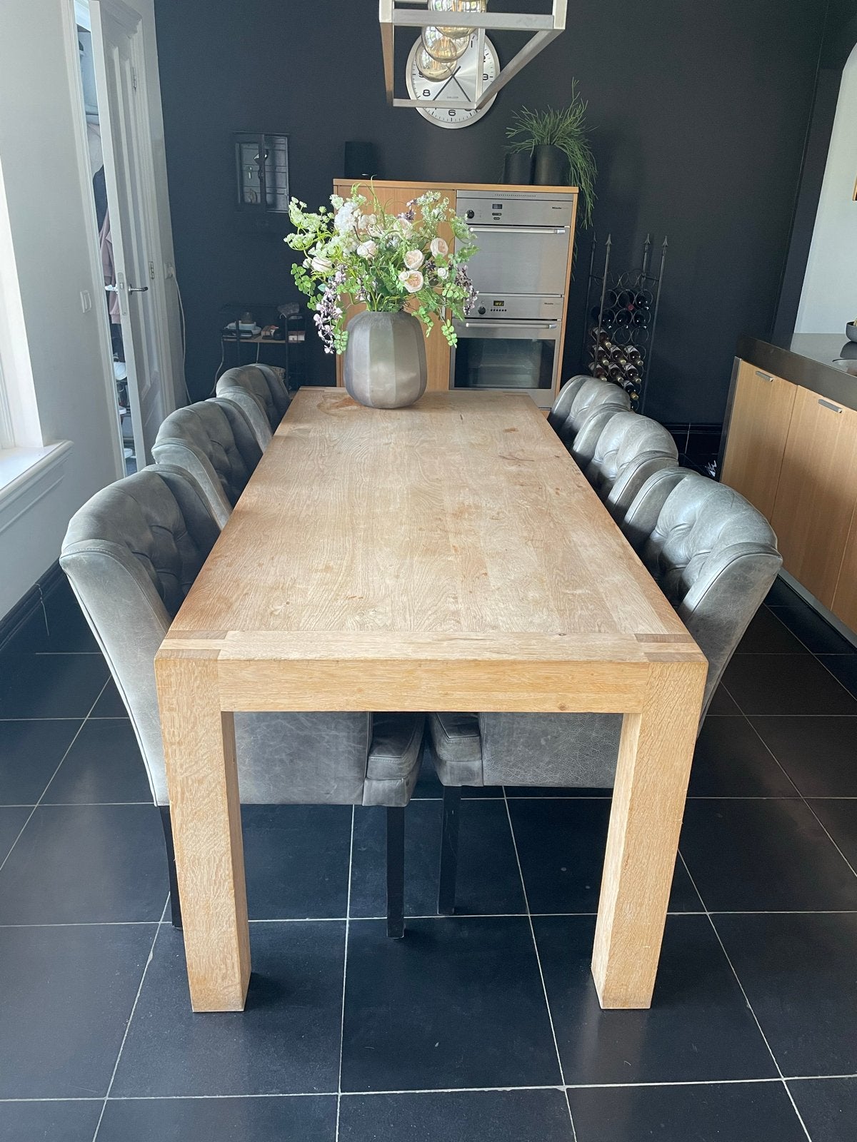 6 grijs lederen eetkamerstoelen met armleuningen, Ophalen, Gebruikt, Klassiek, Leer