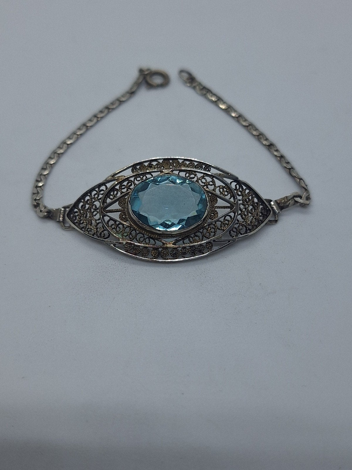 Antieke Zilveren Armband met Aquamarijn - 18 cm, Sieraden, Tassen en Uiterlijk, Ophalen of Verzenden, Zilver, Armband, Met edelsteen