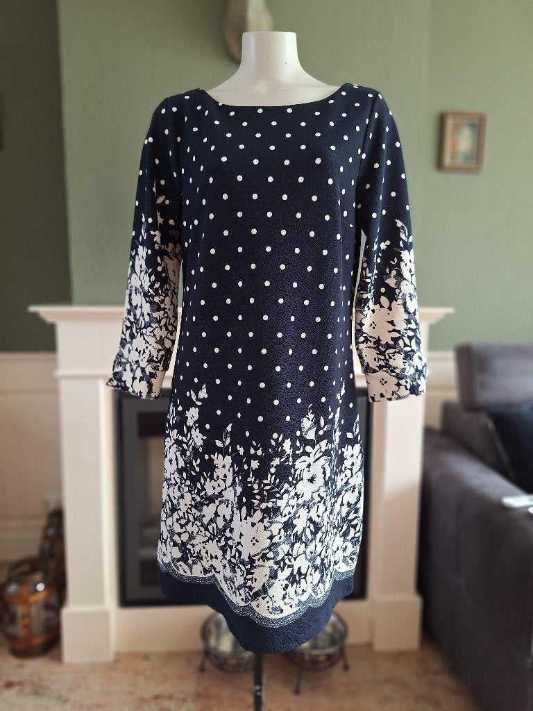 K-Design K Design gevoerde blauw crème jurk L, Kleding | Dames, K-design, Maat 42/44 (L), Zo goed als nieuw, Knielengte
