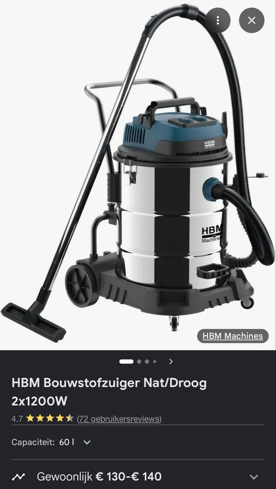 HBM Bouwstofzuiger Nat/Droog 2x1200W - 60L Capaciteit, Ophalen of Verzenden, Zo goed als nieuw, Industriële stofzuiger, 2000 watt of meer