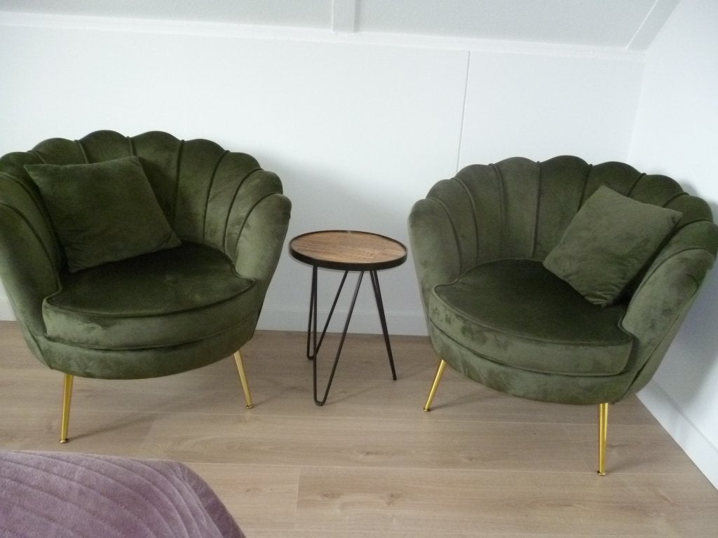 2 Fauteuils olijfgroen schelpvorm NIEUW, Ophalen, Nieuw, 75 tot 100 cm, Stof