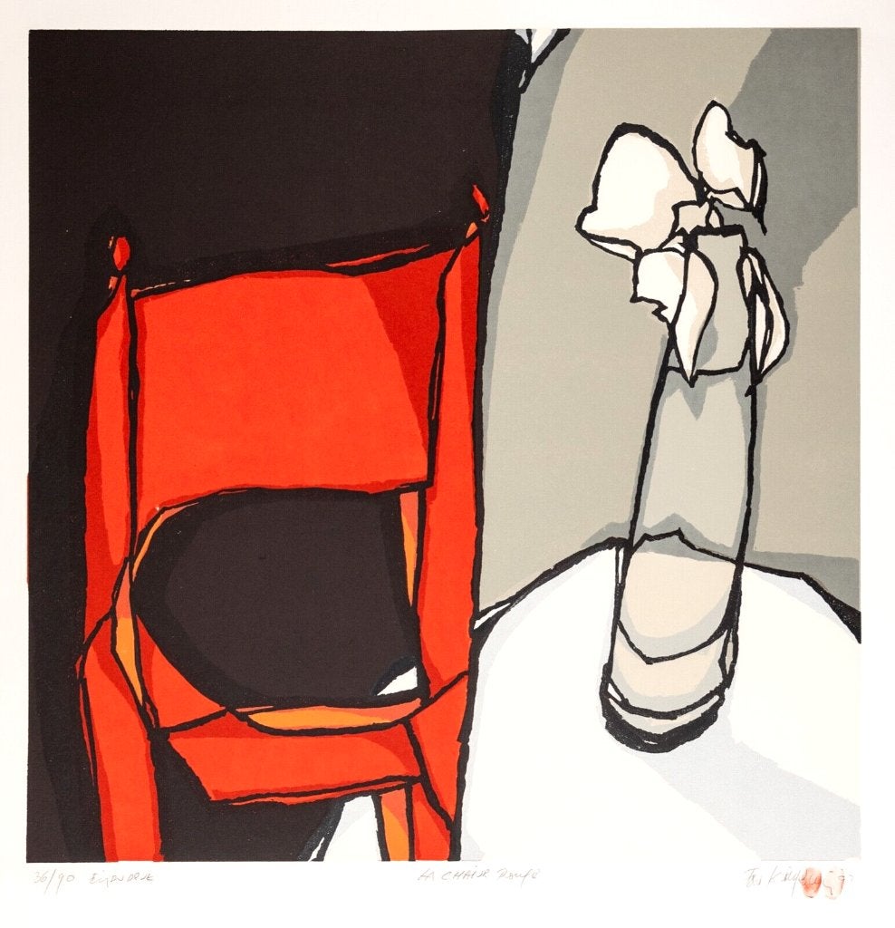 Fon Klement(1930) Boardsnede "La Chaise Rouge " Ges Gen Ged, Ophalen of Verzenden, Dieren en Natuur, Linosnede, Gelimiteerde oplage