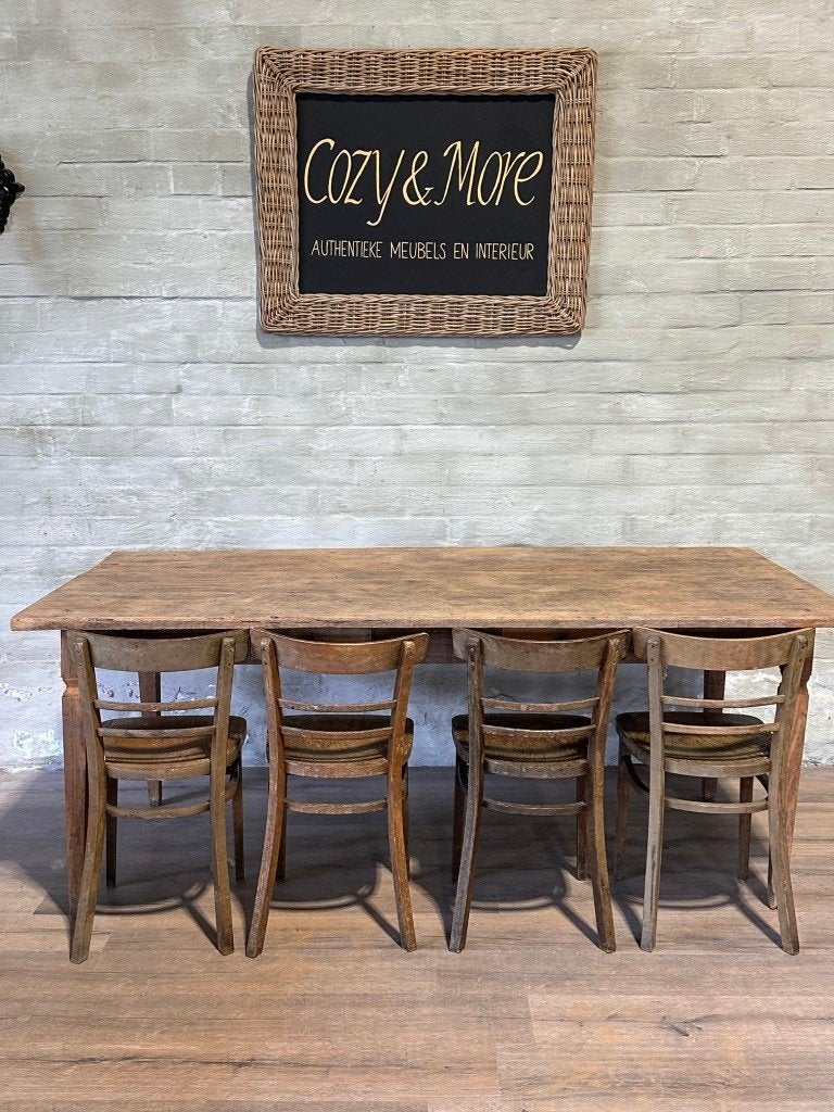 Antieke boerentafel met 2 lades - 203 x 98 cm + 80 cm, Gebruikt, Authentiek landelijk, Teakhout, 200 cm of meer