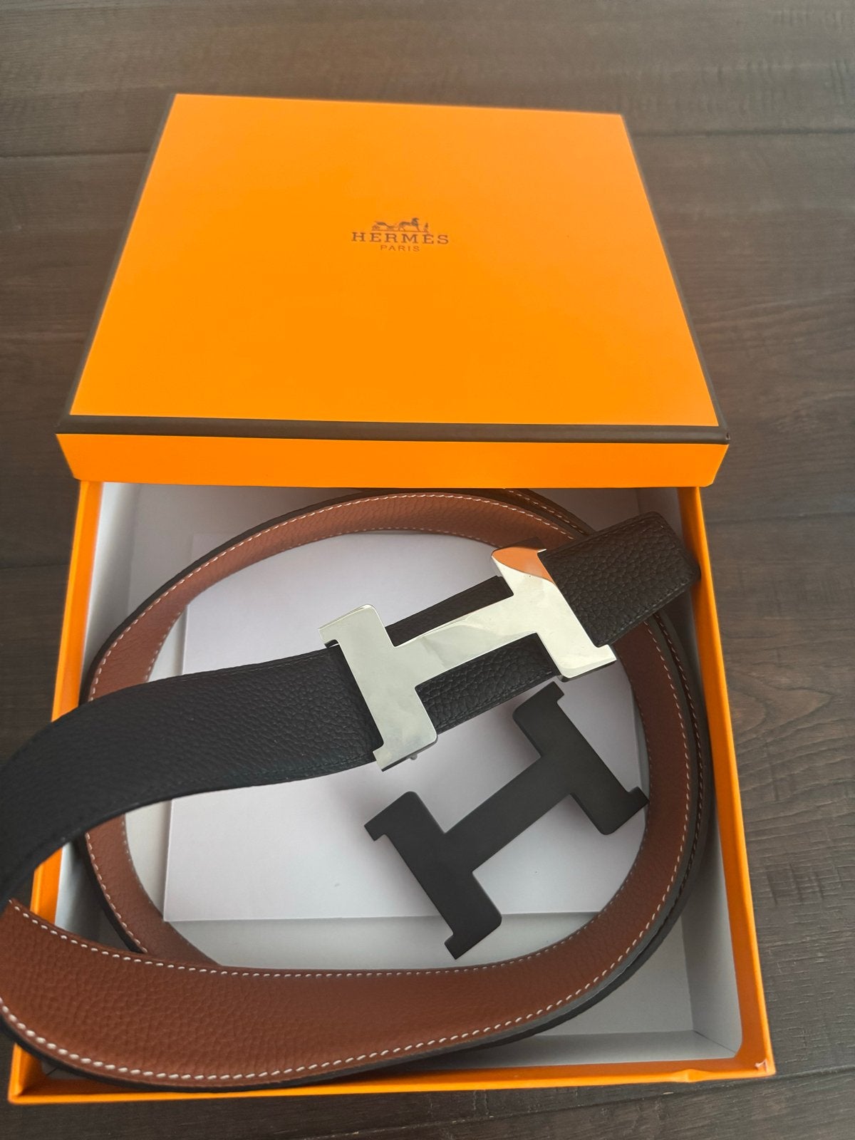 Hermès H-gesp riem - Zwart/Bruin - Zo goed als nieuw, Tailleriem, Ophalen of Verzenden, Zo goed als nieuw, 3 tot 5 cm