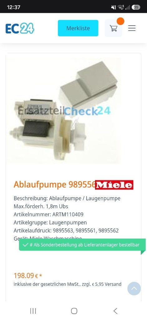 Miele wasmachine pomp, Witgoed en Apparatuur, Ophalen of Verzenden, Nieuw