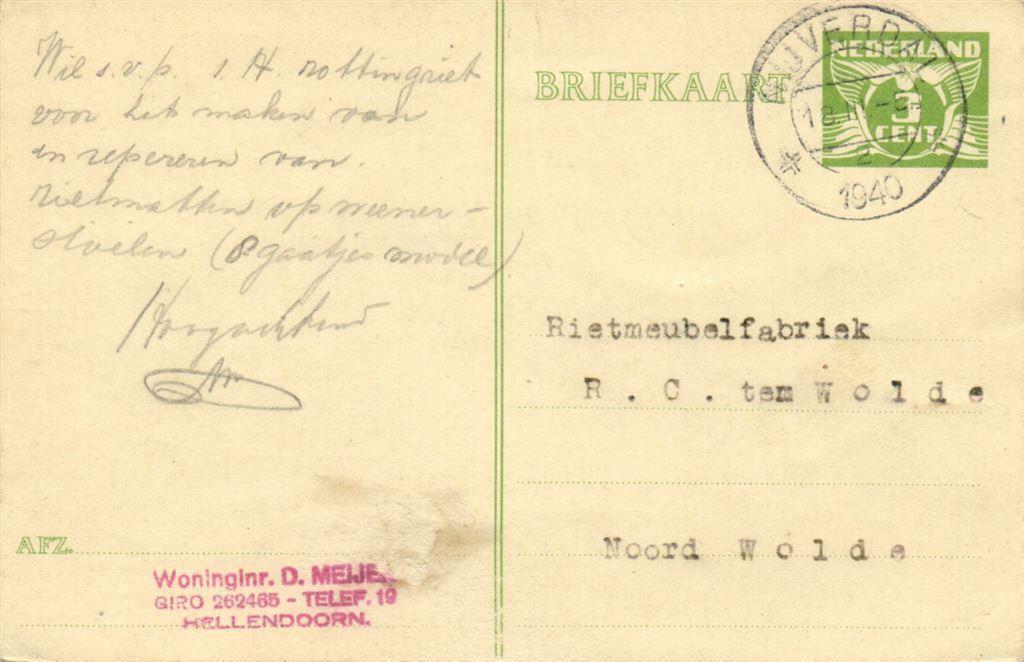 Woninginr. D. Meije, Hellendoorn - 03.1940 - briefkaart, Ophalen of Verzenden, Briefkaart
