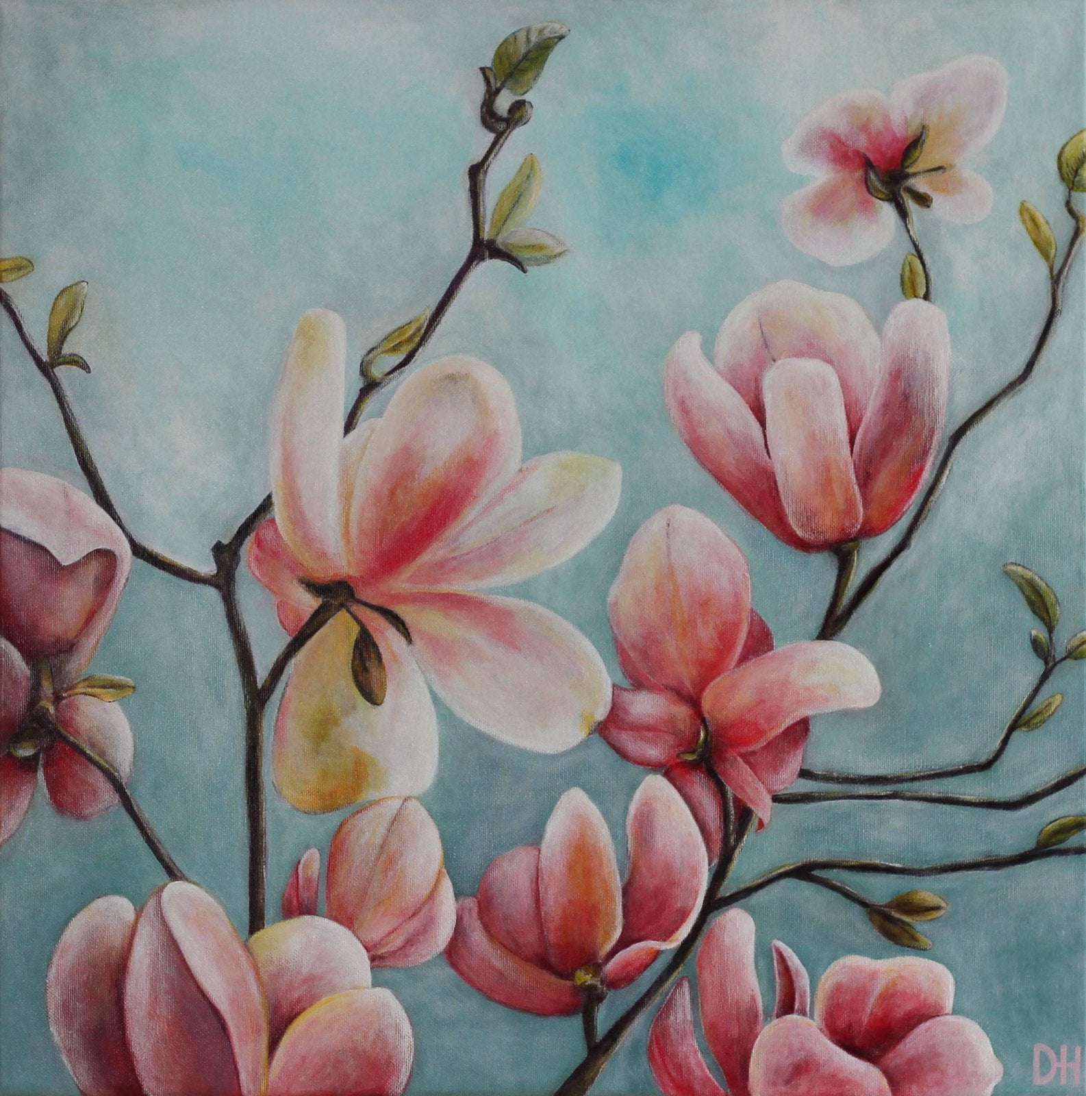Magnolia bloemenschilderij 50x50 cm + houten baklijst, Ophalen, Gelakt/vernis, Acrylverf, Bloemen
