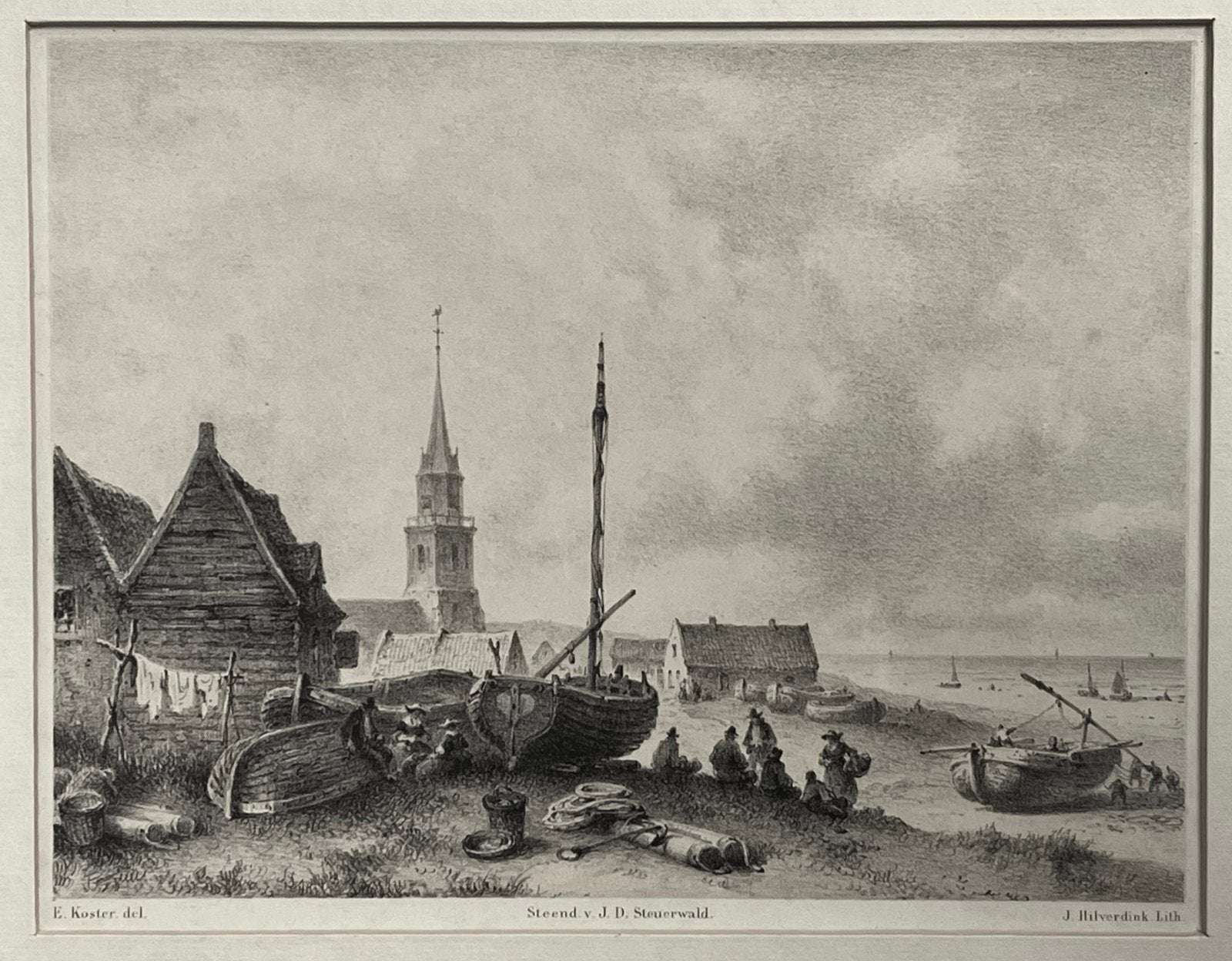 Litho 1858 Scheveningen Johannes Hilverdink E. Koster, Antiek en Kunst, Ingelijst, 1800 - 1899, Stadsgezicht, Ophalen of Verzenden