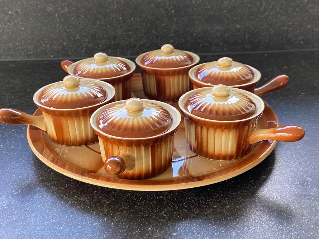 Oude gave antieke set bruin spuit aardewerk 6 ovenschaaltjes, Ophalen of Verzenden