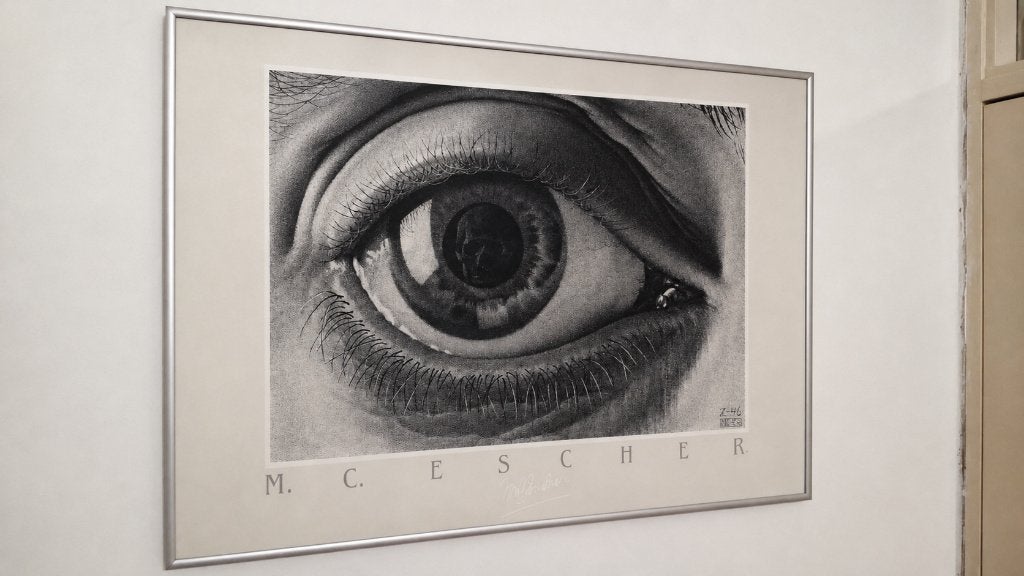 Escher poster "Oog" ingelijst (71 x 51cm), Ophalen, Met lijst, Rechthoekig Liggend, Zo goed als nieuw