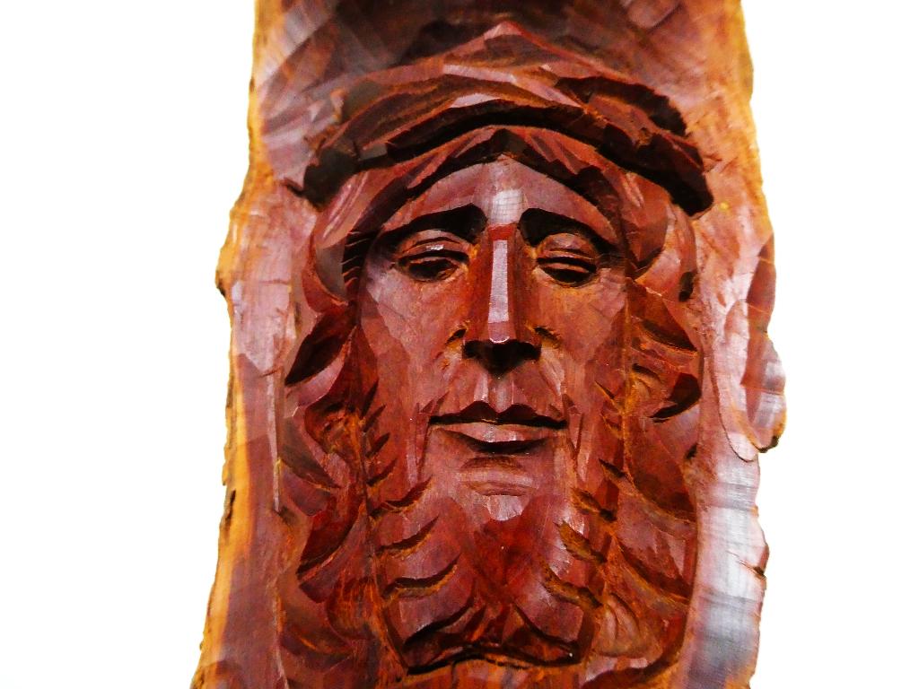 Houtgesneden Jezus hoofd uit één stuk boomstam gesigneerd, Antiek en Kunst, Ophalen of Verzenden