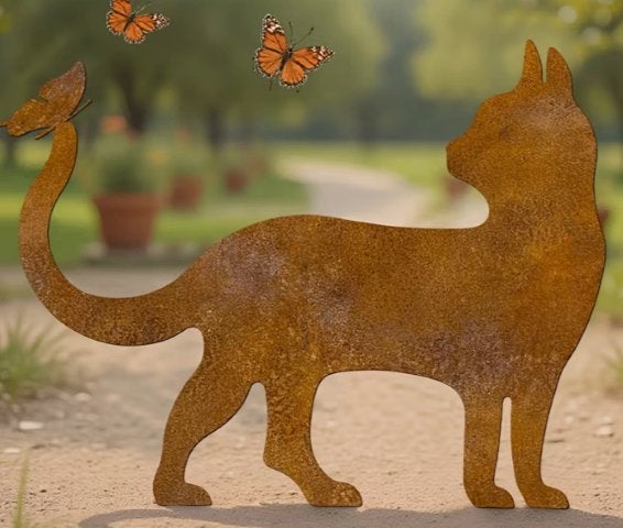 Tuinsteker Kat met Vlinder metaal roest, Ophalen of Verzenden, Nieuw